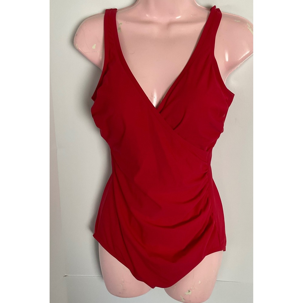 Miraclesuit Red Surplice Ruched One Piece Swimsuit Size 10 Slimming V-Neck